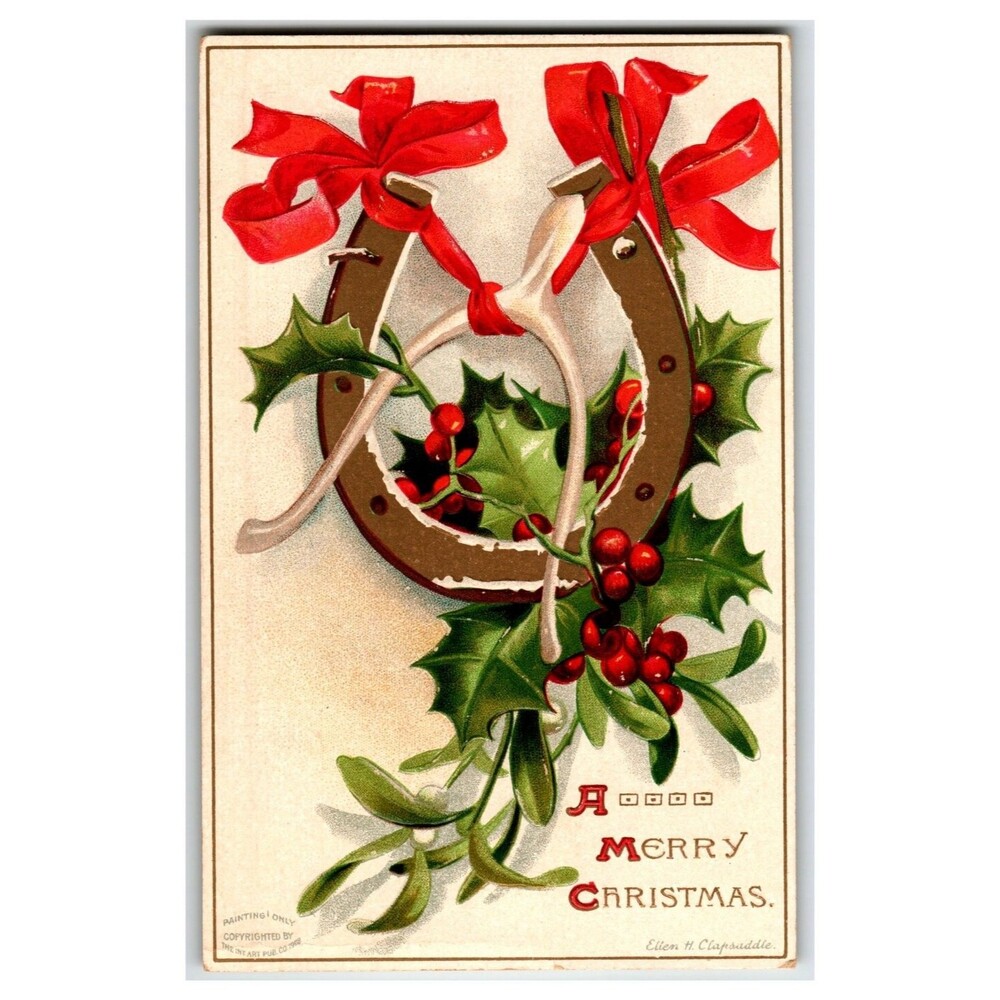 Ellen Clapsaddle Christmas Postcard Embossed Holly Horseshoes Mistletoe